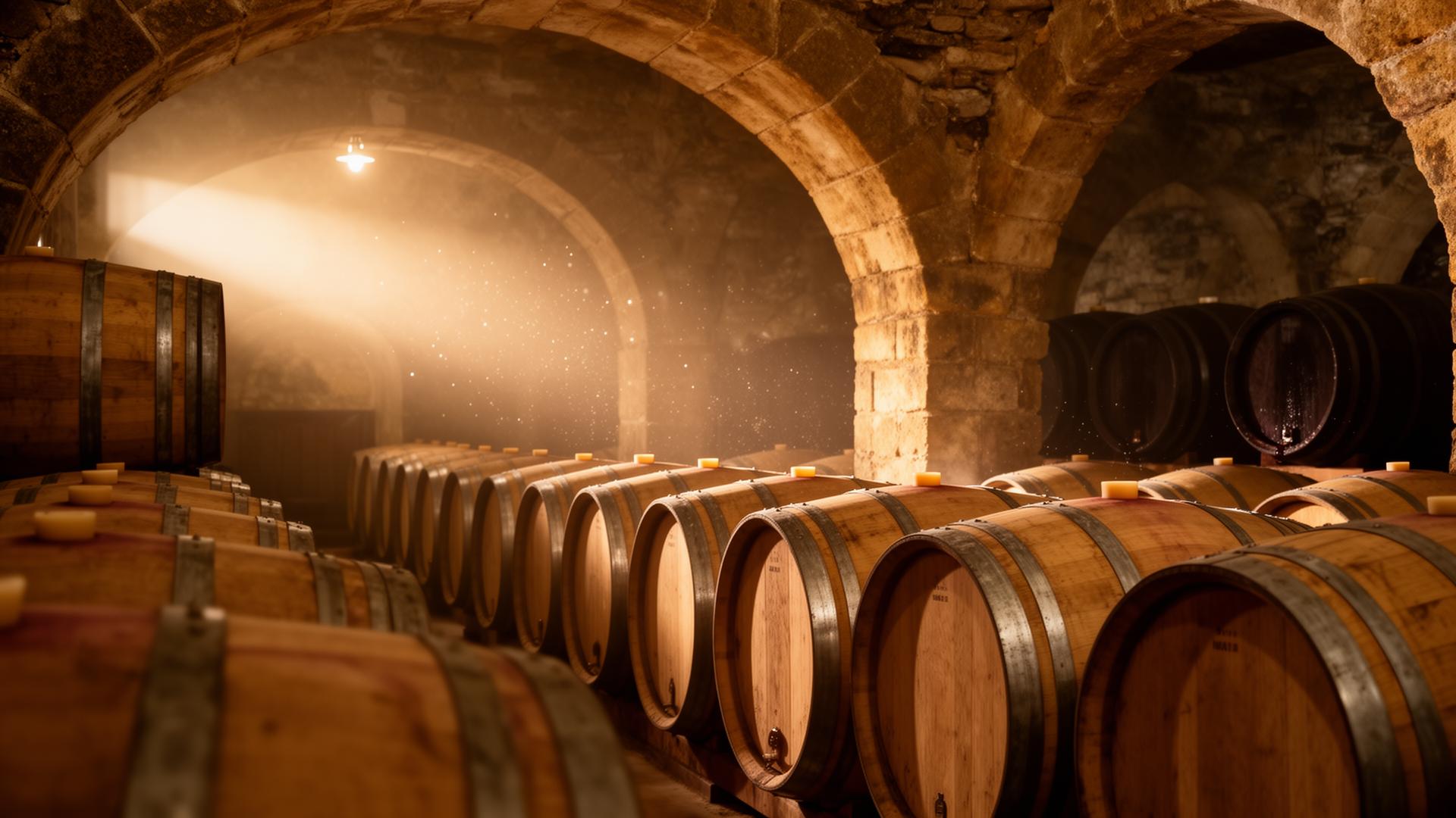 Bodega atmosférica con barricas de roble envejecidas en el Valle del Duero