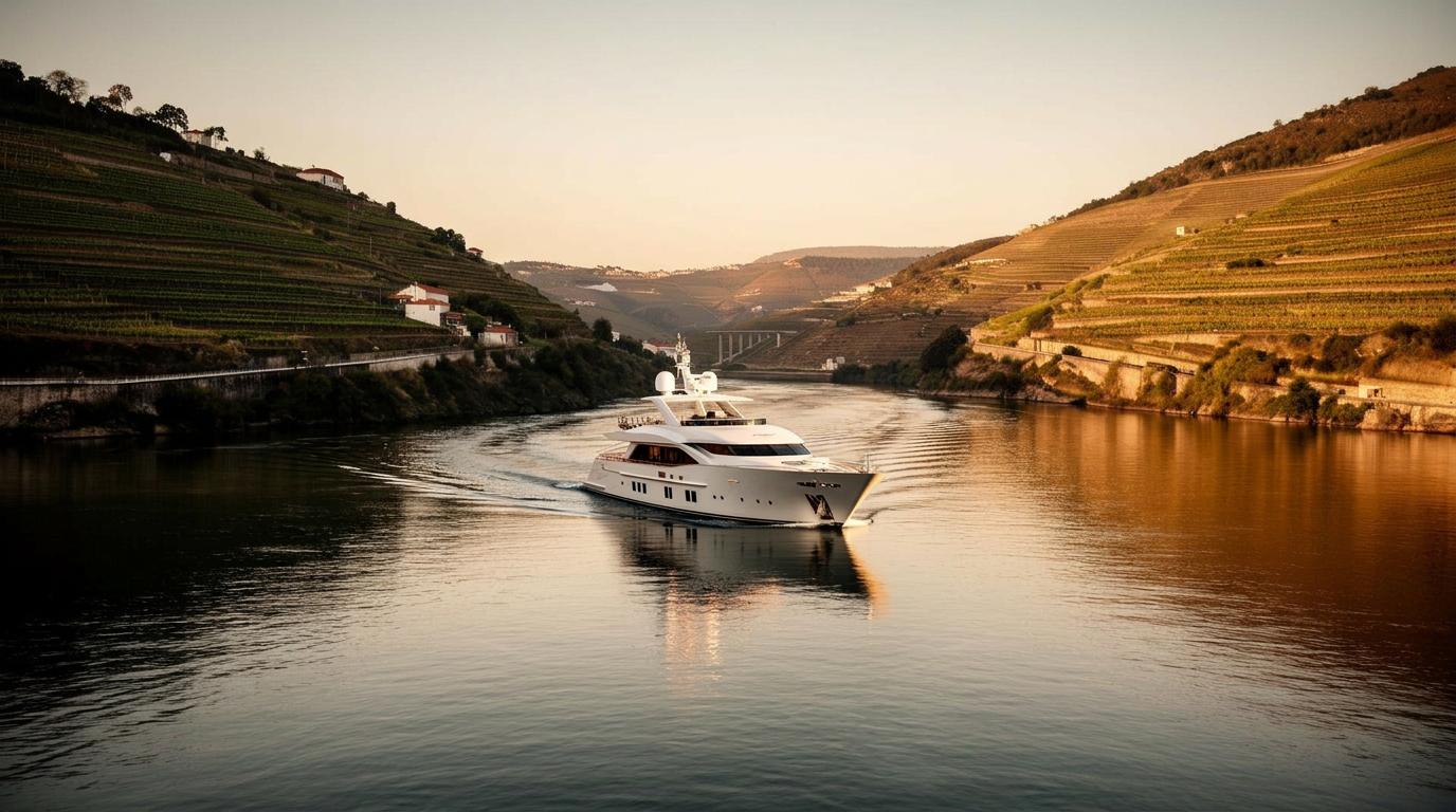 Private yacht on the Douro River with vineyard terraces