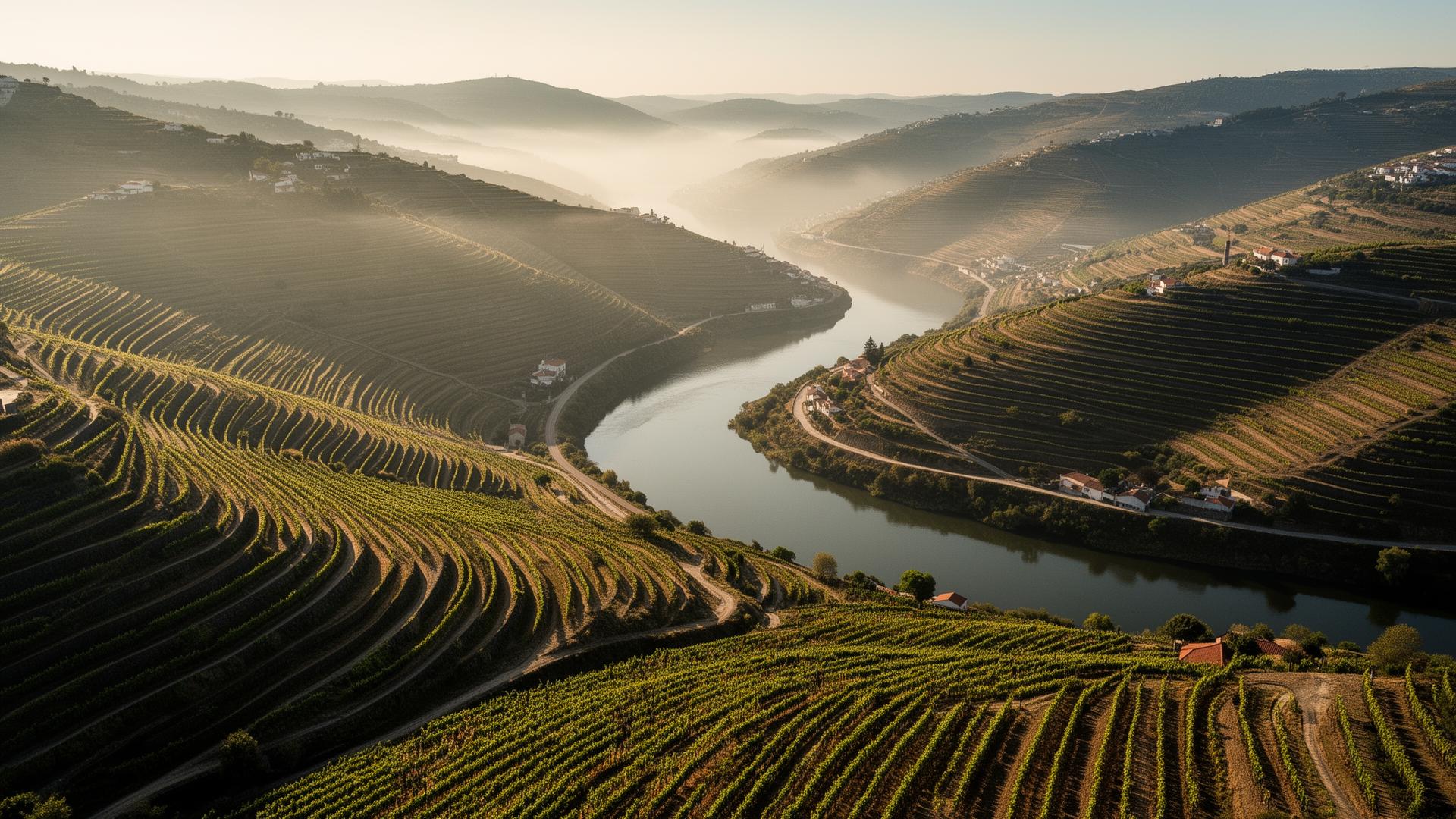Aerial view of the Douro Valley terraced vineyards and river